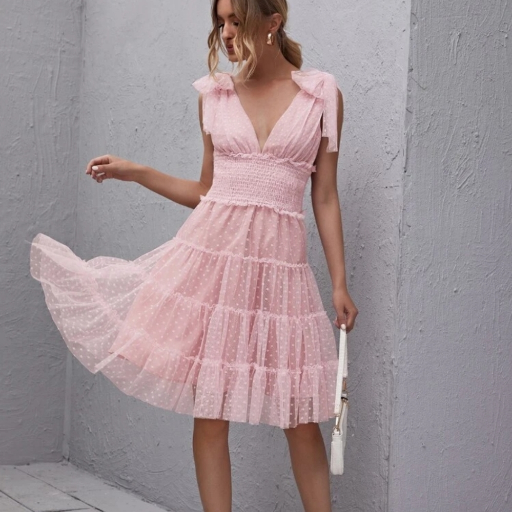 SHEIN Shoulder Knot Plunging Neck Mesh Dress